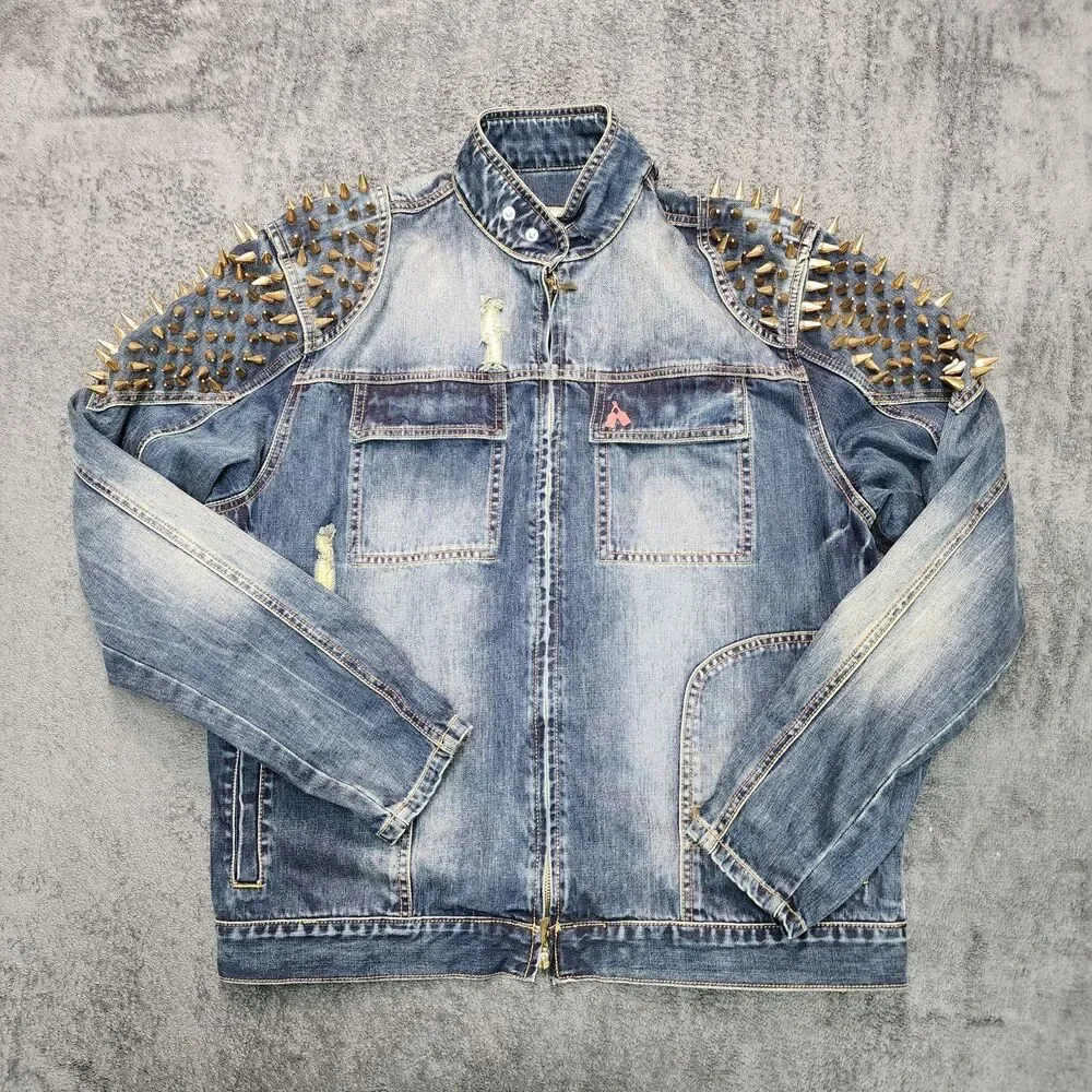 Men's Redtag Brand Motorcycle Style Jean Jacket Distressed/Gold Spikes Size 2XL
